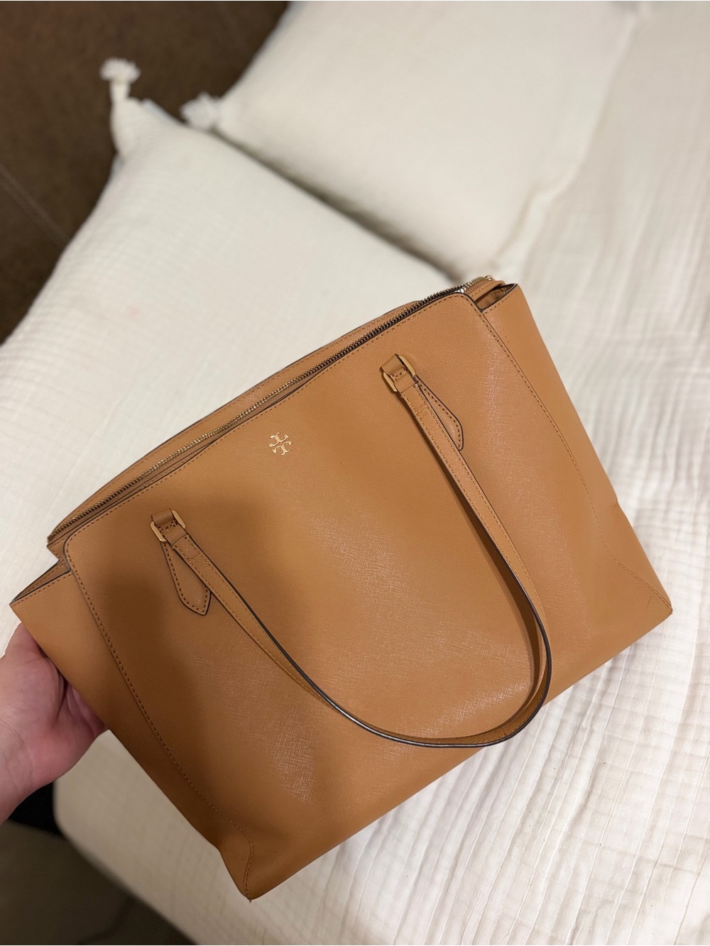 Tory Burch Camel Leather Zip-Top Tote